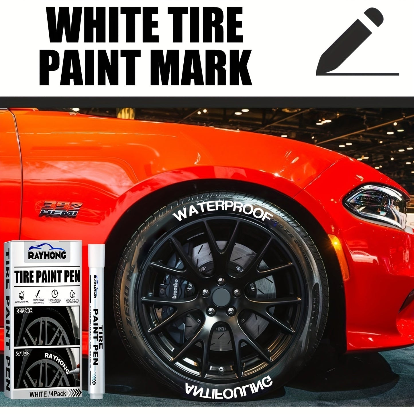 Set of 4 Tire Paint Pens for customizing your car's tires, perfect for adding letters or designs. This versatile tool is ideal for decoration and modification projects, making it a must-have for graffiti artists and DIY enthusiasts. Stay on-trend with