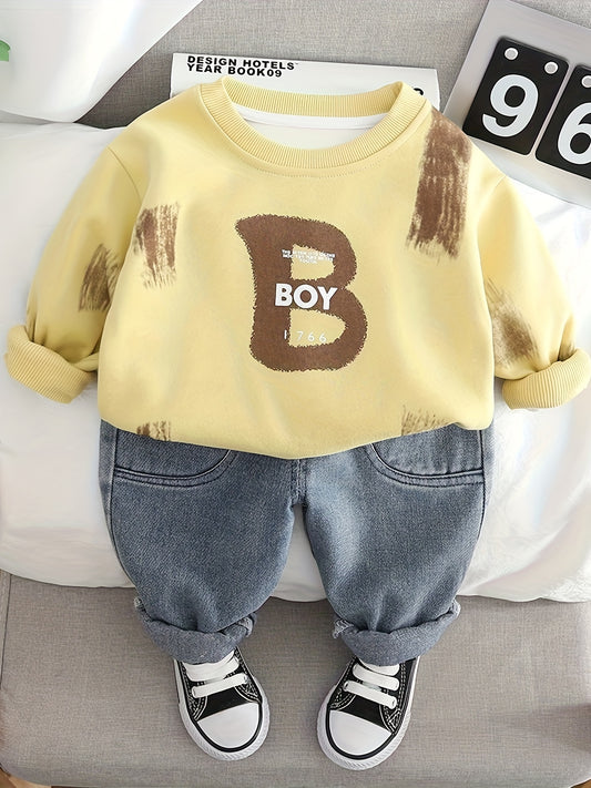 Boys' casual 2-piece outfit with long sleeve sweatshirt and denim pants, perfect for outdoor wear in spring or autumn. Made of cotton blend and stretch knit fabric for a comfortable fit.