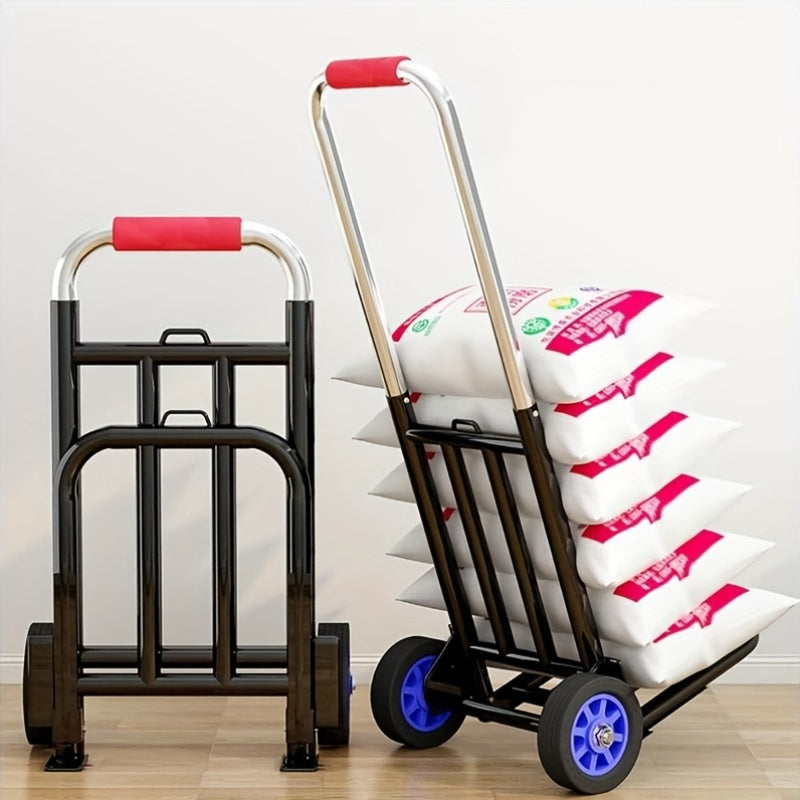 Portable and practical collapsible hand truck with extendable handle, heavy-duty iron frame, dual rubber wheels, multifunctional luggage cart with three binding ropes, 95.0 KG load capacity.