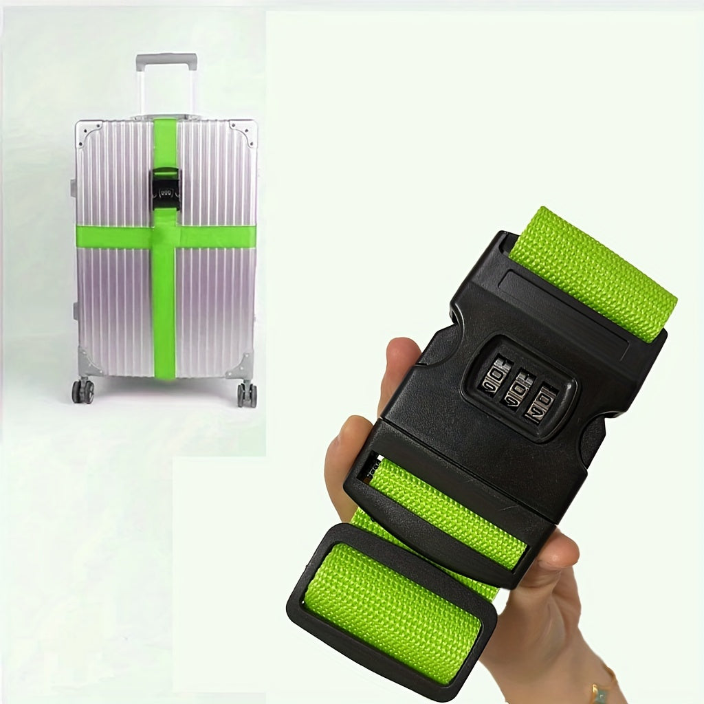 Secure your luggage with this durable adjustable strap featuring a password lock. Includes a nylon crossbody bag hook and name tag for easy identification while traveling. This single piece luggage security strap is both durable and reliable.