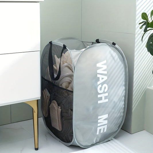 Contemporary Gray Foldable Laundry Basket with Stylish "Wash Me" Print - Portable Dirty Clothes and Linen Storage Solution, Multi-Compartment Design, Perfect for Different Room Styles, Laundry Baskets