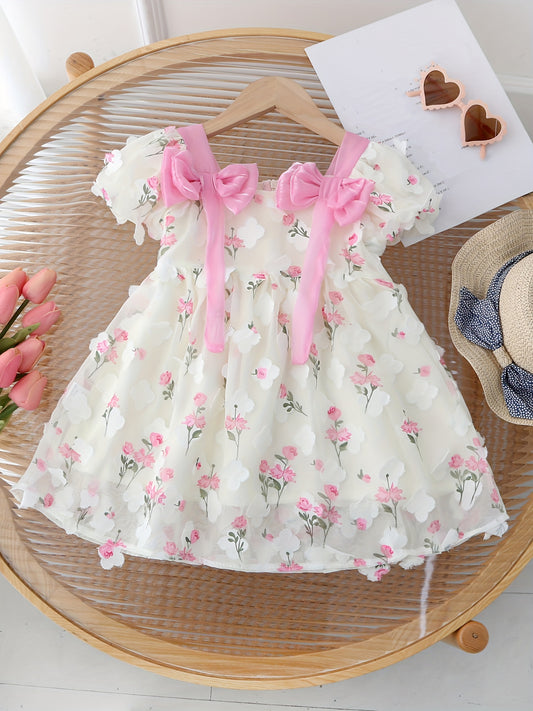 Girls 3D Flower Princess dress with short puff sleeves and bowknot detail for summer birthdays.