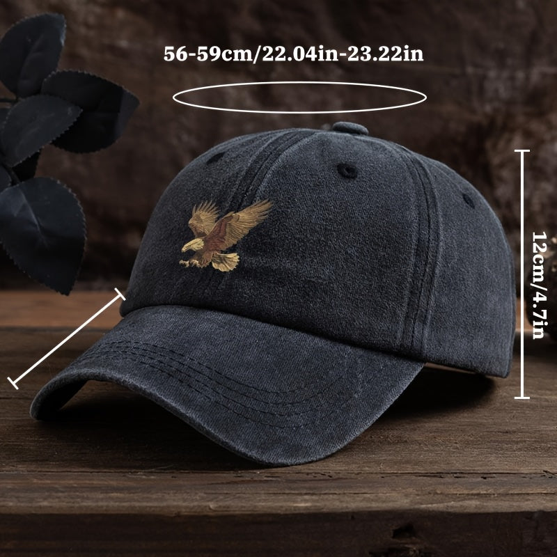 Men's adjustable dark blue baseball cap with eagle print. Made of machine washable polyester for sun protection and durability.