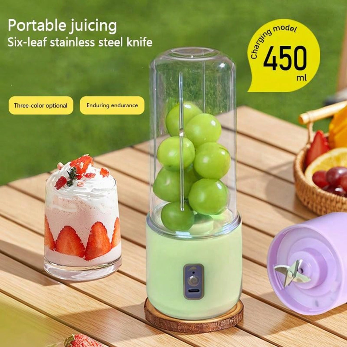 Portable juicer cup with multifunctional features - can be charged via USB with a 1500mAh lithium polypropylene battery. Easy to clean, with a 6-blade design and wireless capability. Capacity is less than 1L, perfect for travel or home use.