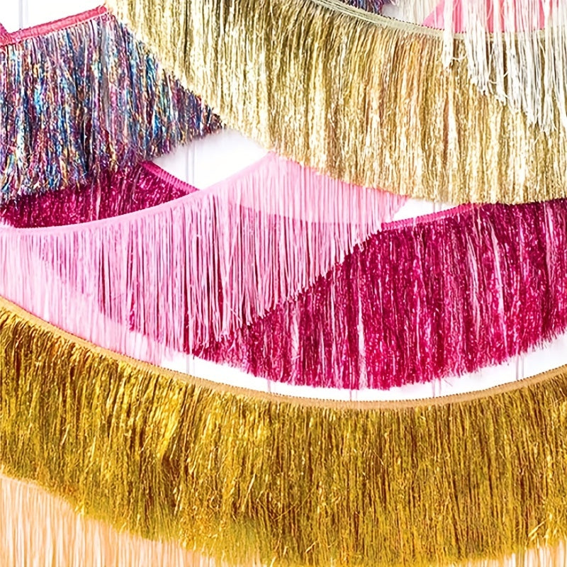 1 piece of Fringe Backdrop and Foil Curtain Backdrop in Hot Rose Pink and Princess Pink, 30 x 300cm / 1 x 10 feet each. Perfect for Streamers Party Decorations, Wall Hanging, Parade Floats, Wedding, Mardi Gras, Birthday, Valentine's Day Party Decoration.