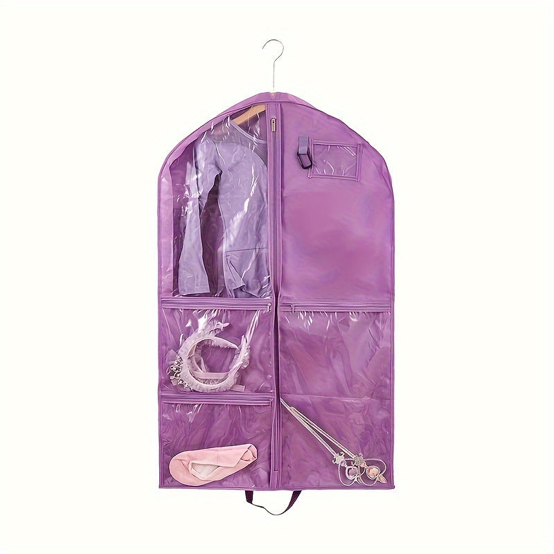 Durable costume dust cover bag with storage pouches, featuring a hanging design for suits and coats. Designed with a window and zipper for easy access, this household organization tool helps save space in the bedroom, bathroom, office, closet, wardrobe