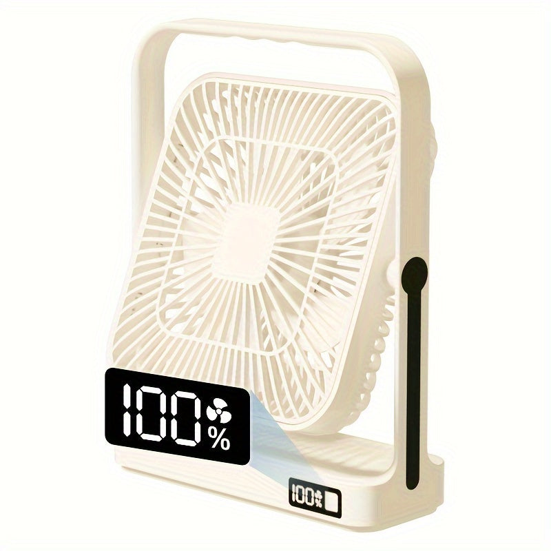 Introducing the Goard 8-inch Portable High-Velocity Table Fan with Digital Display and 5-Speed Button Control. This fan features a 360° rotating design and is USB rechargeable, making it perfect for travel, office, or home use. Made with ABS material and