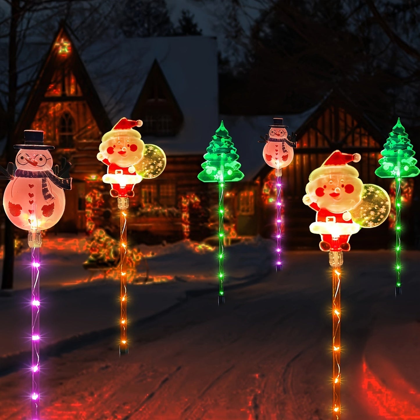 Set of 6 Solar LED Garden Stake Lights featuring Santa, Snowman, and Tree Designs for Christmas Holiday Decor, with 8 Lighting Modes, Solar Powered, made of Plastic, 36V, perfect for Outdoor Festive Lighting