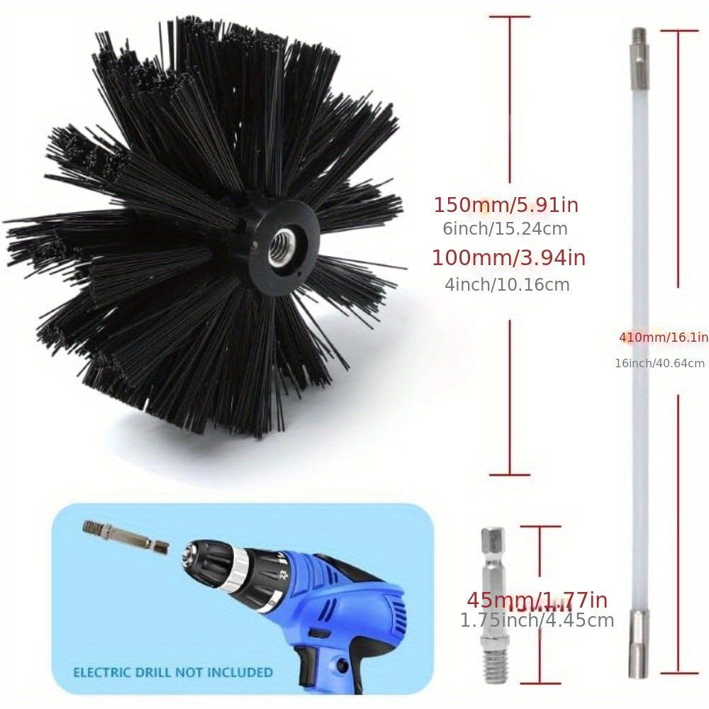 The Chimney Sweep Brush Kit includes flexible rods, a rotatable head, a plastic handle, and detachable components for easy cleaning of particle furnaces and dryer vents.