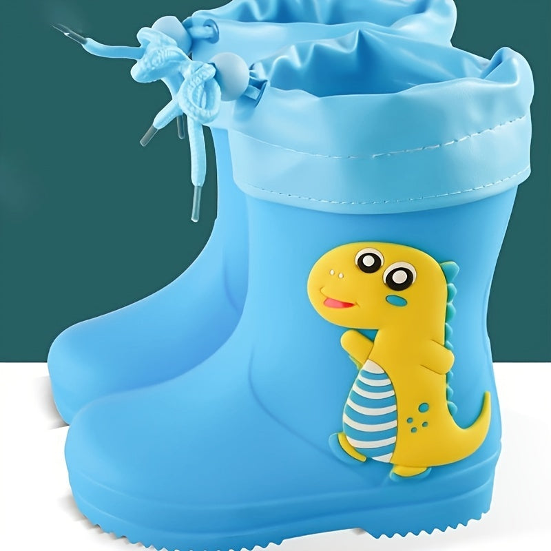 Durable PVC mid-calf youngsters' cartoon rain boots with drawstring closure. Waterproof, anti-slip, and perfect for outdoor activities. Ideal for boys and girls.