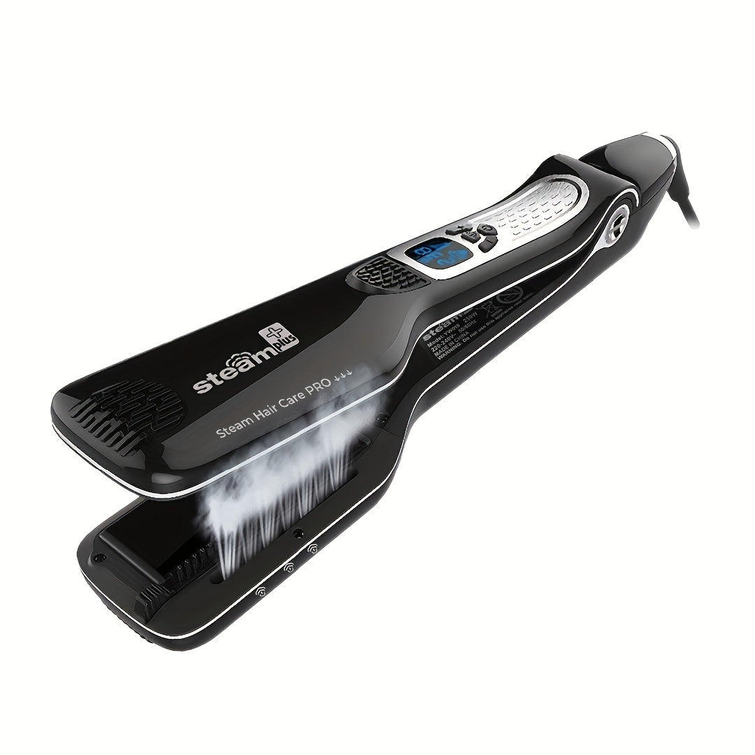 Professional steam flat iron for hair that functions as both a straightener and curler with ceramic plates, ionic technology, dual voltage, and adjustable temperature.