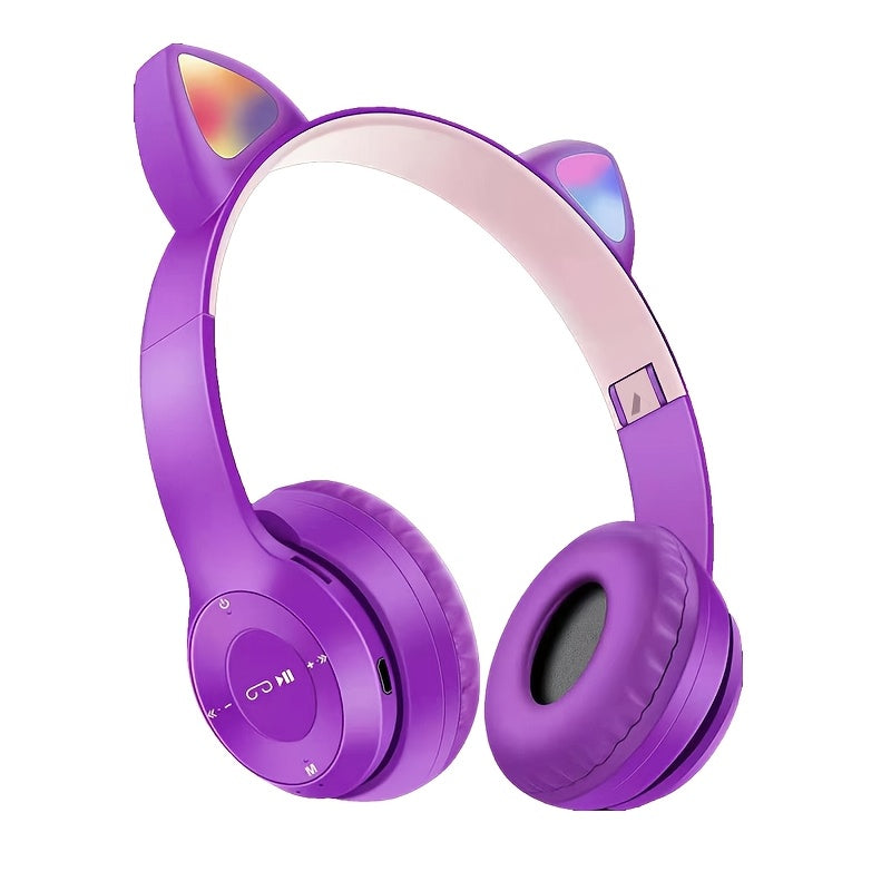 Anime cat ear wireless headphones with LED lights, microphone, rechargeable battery, 3.5mm jack, push button volume control. Compatible with cellphones, non-waterproof. Ideal for cycling