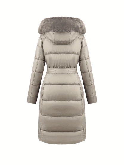 Elegant women's midi winter coat with faux fur hood and belt detail made of polyester. Features long sleeves and a solid color design. Non-waterproof outerwear.