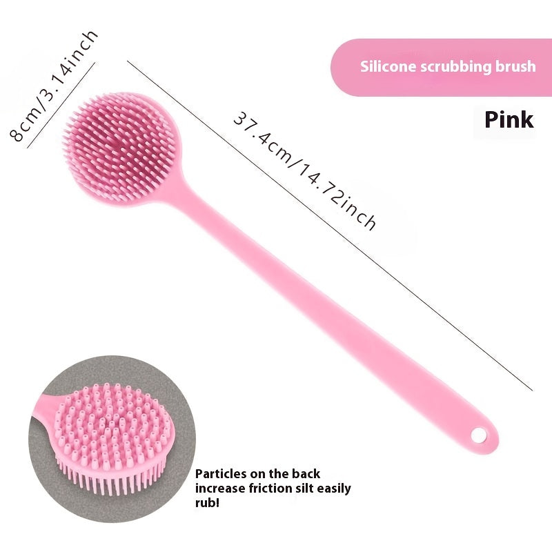 Double-sided soft silicone bath brush with long handle for gentle deep cleansing and skin care. Battery-free and suitable for gifts.