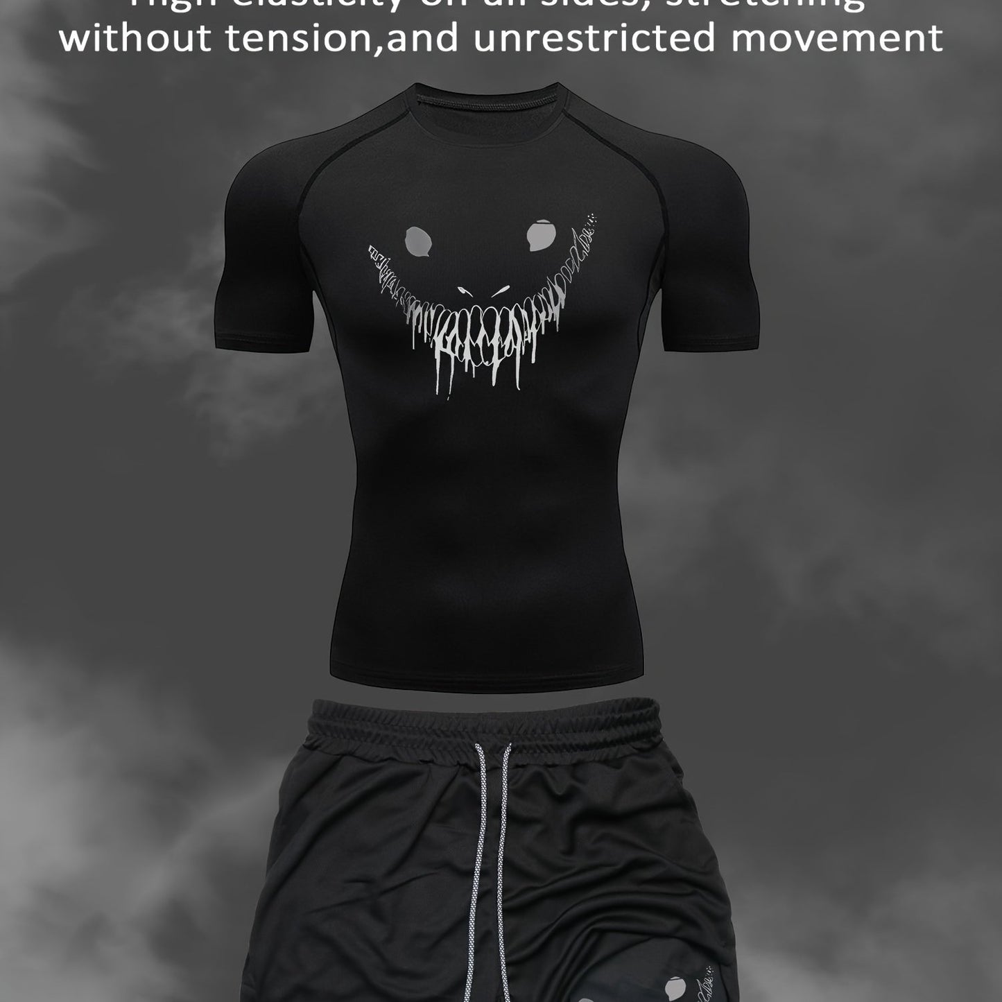 Men's Quick-Dry Athletic Set: Smile Print T-Shirt & Multi-Pocket Shorts for Gym, Running & Outdoor Activities