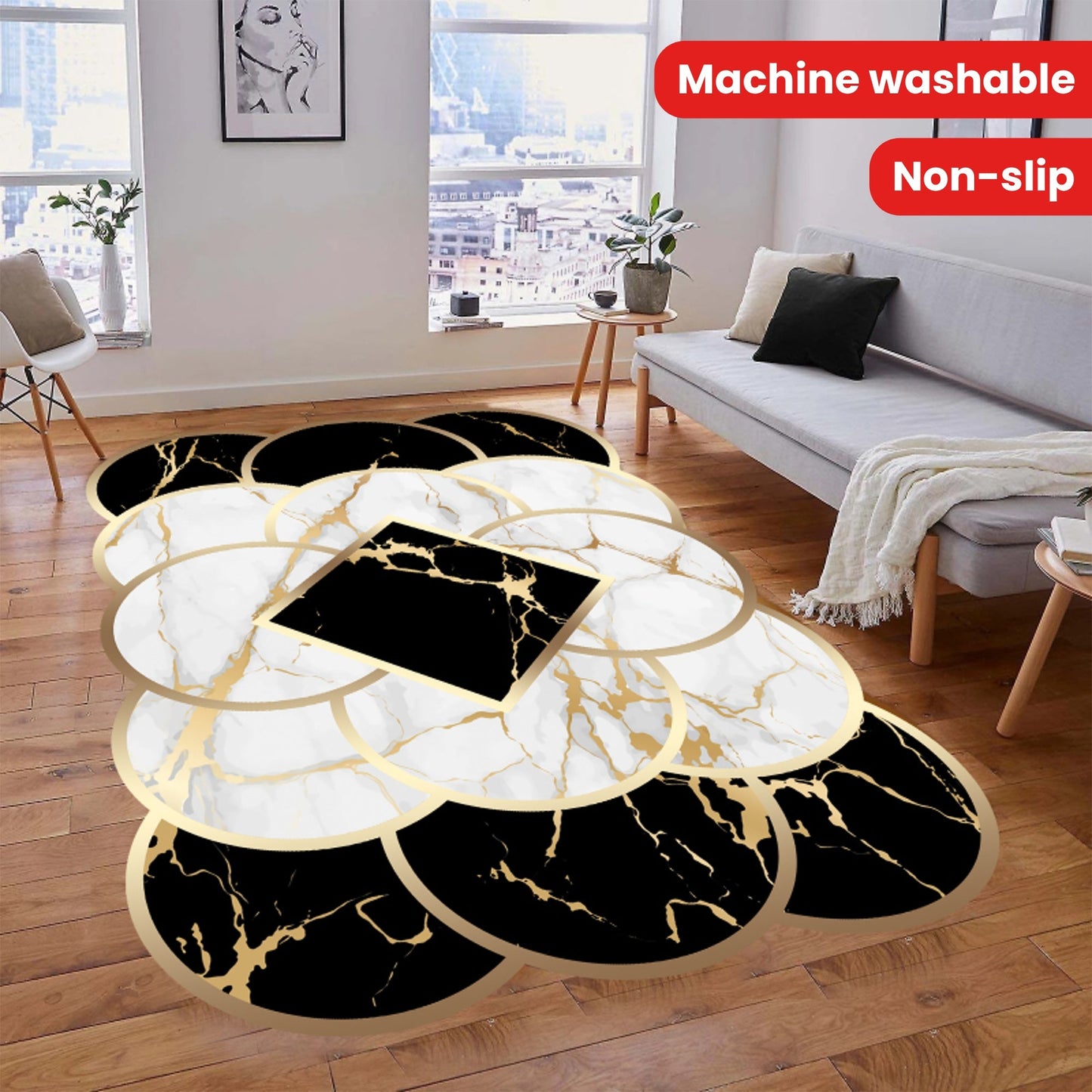 One-piece, contemporary irregular area rug perfect for your living room or bedroom. This non-slip, anti-fatigue shaggy floor carpet can also serve as an entrance welcome door mat. Easy to clean as it is machine washable, this versatile carpet is ideal