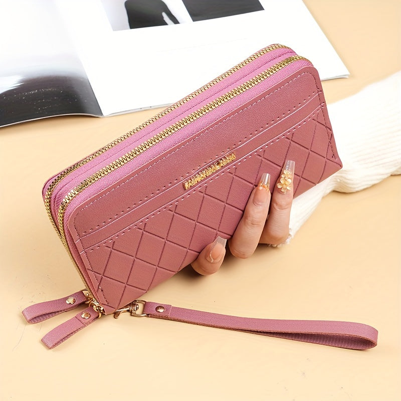 Fashion Double Zipper Long Wallet, Argyle Pattern Clutch Bag, Women's Wrist Coin Purse Mobile Phone Bag