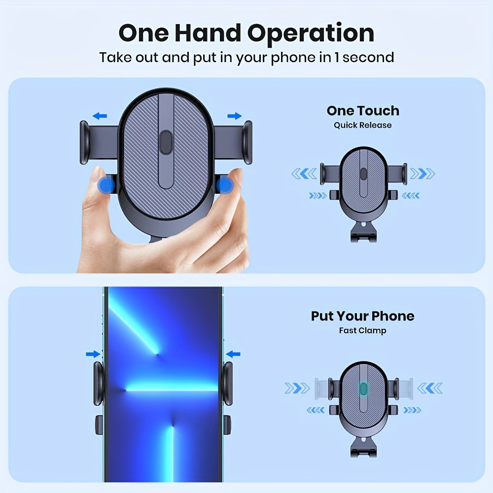 Dashboard mount car phone holder for handsfree use with iPhone, Samsung, and Android cell phones.