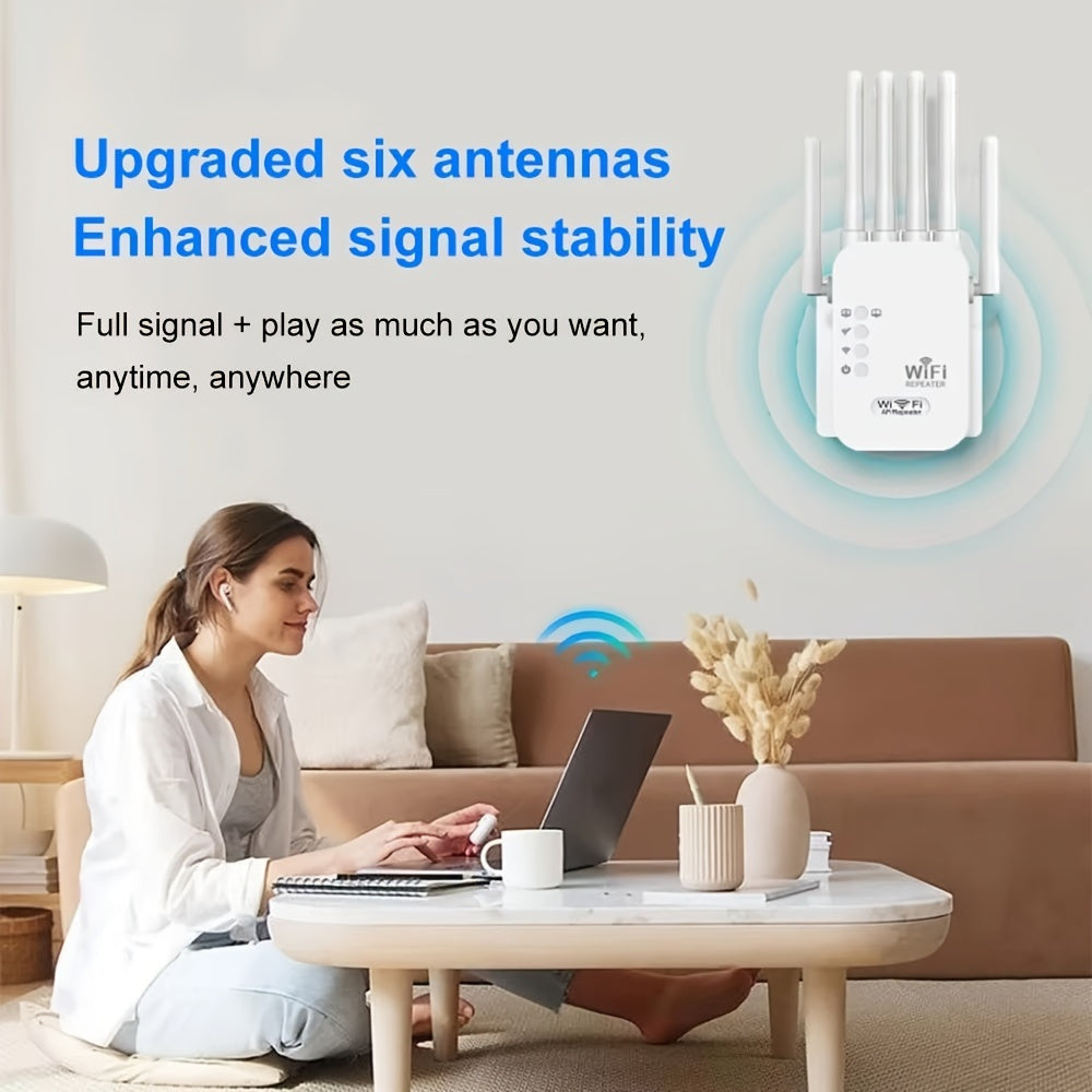 OurLife WiFi Extender boosts signal with 1200Mbps dual band coverage for up to 35 devices. Easy setup, Ethernet port, and 4 external antennas for home or office WiFi enhancement.