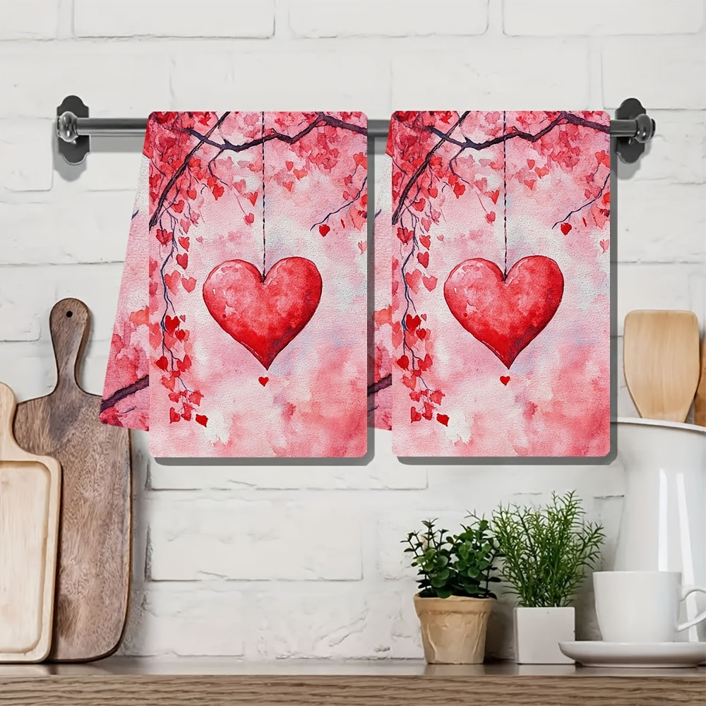 Set of 2 Ultra Soft Kitchen Towels featuring Valentine's Day Heart & Cherry Blossom Design. These towels are highly absorbent, machine washable, and measure 40.64x60.96 cm. Perfect for holiday decor and as dish hand towels.