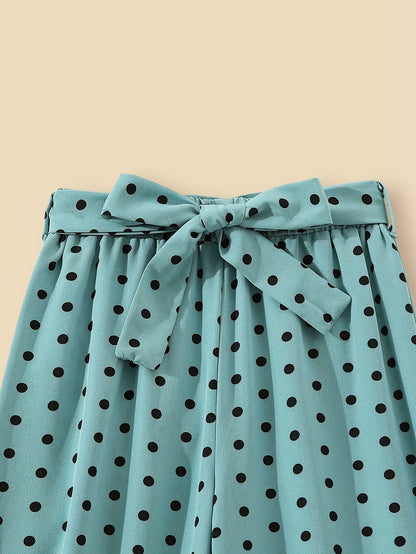 New summer style girls' trousers suit for medium and large children, featuring personalized avatar round neck top and loose fit polka dot wide leg pants.