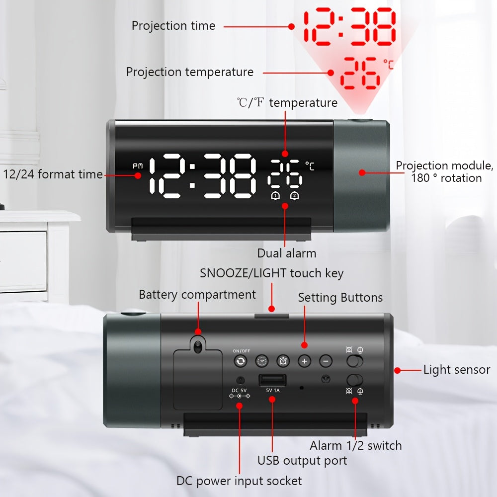 Digital smart projection clock with USB connection, dual alarms, sleepy function, time and temperature projection, and 4 brightness levels.