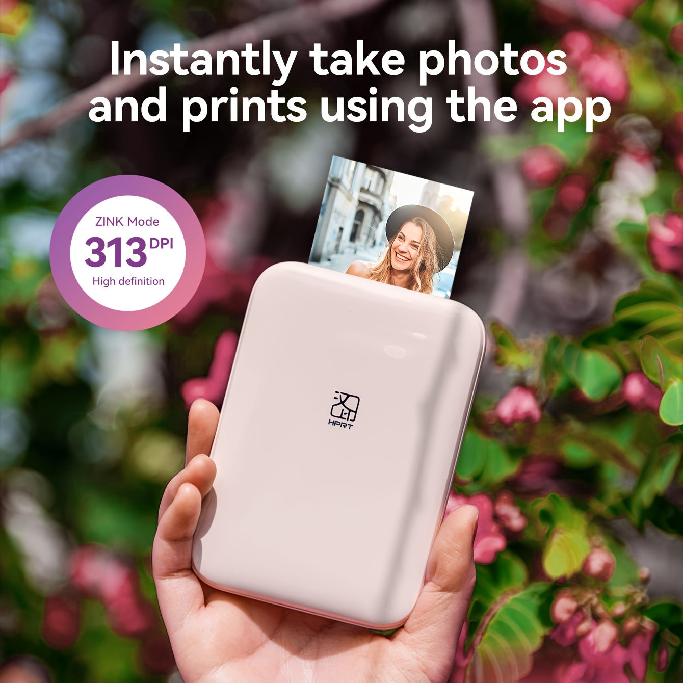 HPRT Mini portable photo printer with wireless connectivity, 303DPI color printing, ZINK technology, compatible with iOS/Android devices, ideal for parties/travel in pink.