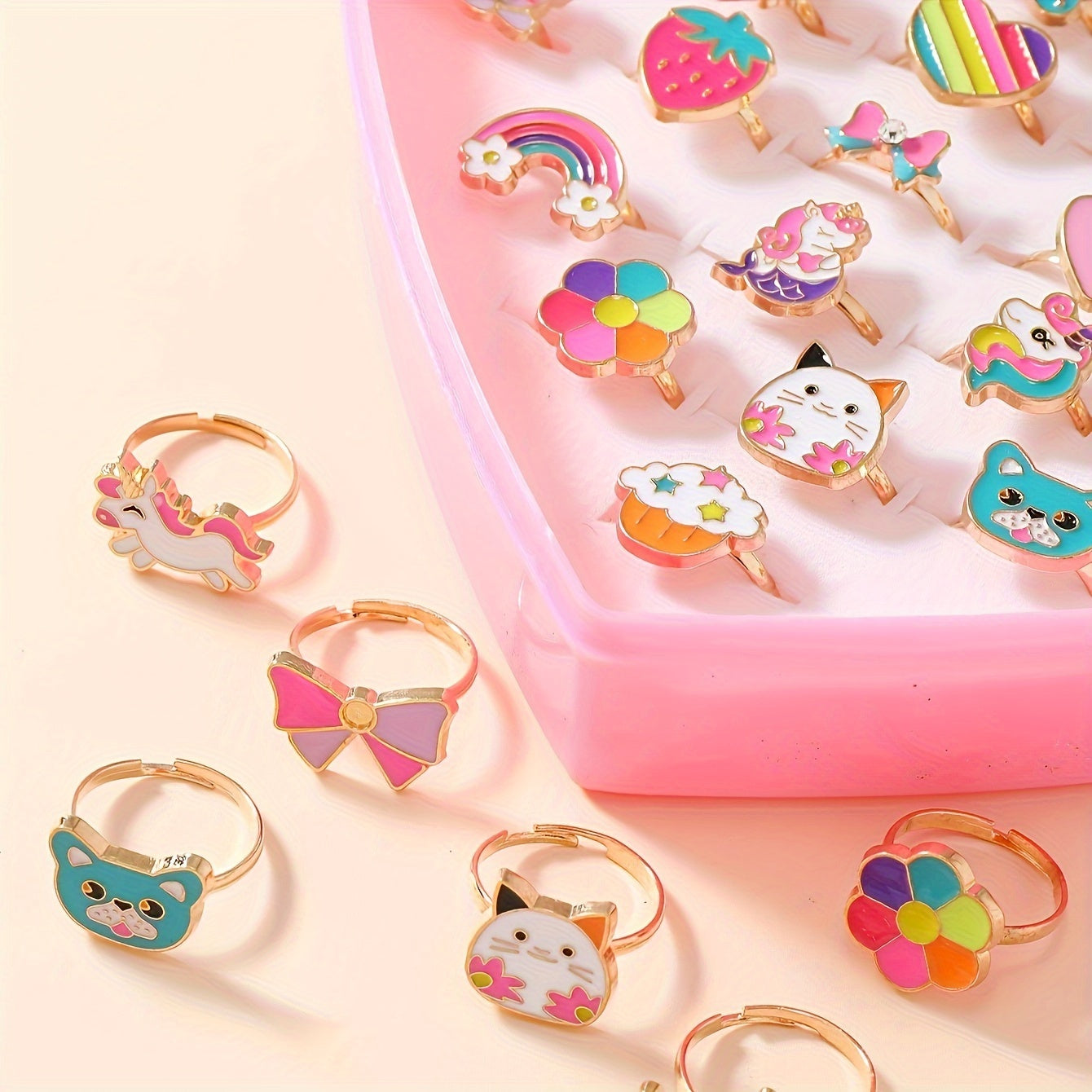 36 adjustable princess theme rings for girls in mixed color enamel design, made of zinc alloy.