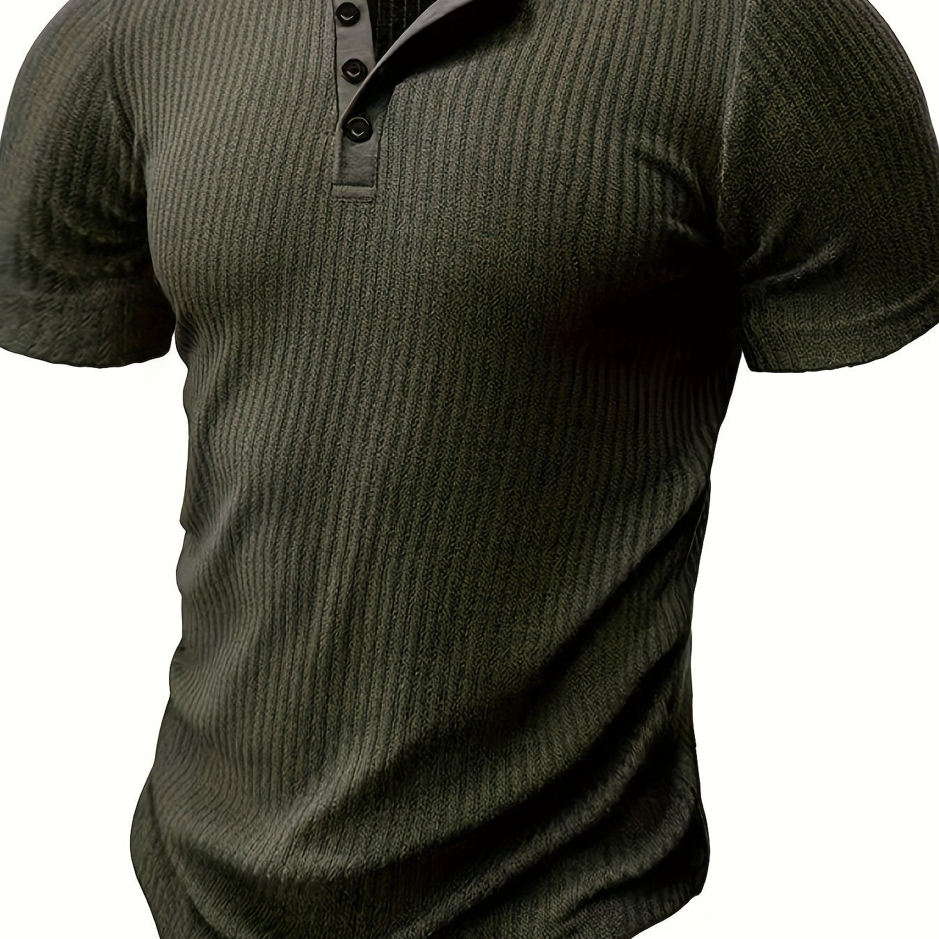 Solid stripe pattern knit short sleeve Henley shirt for men, perfect for summer leisure and outdoor activities.