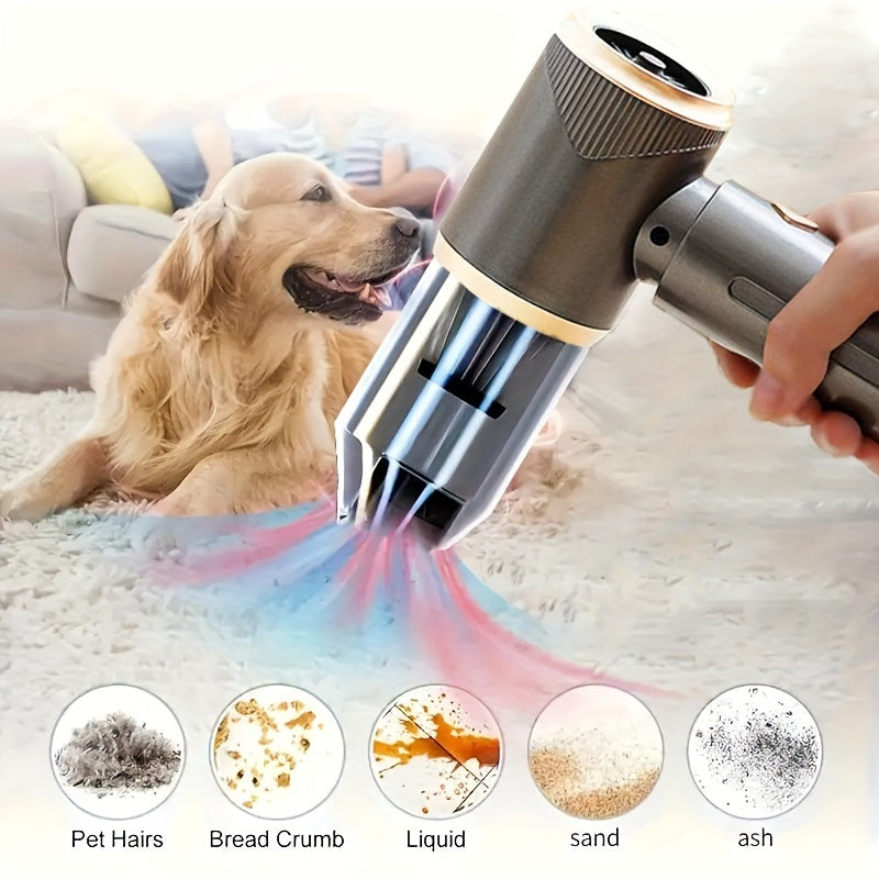 Handheld wireless vacuum cleaner with floor and car suction heads, ideal for home and car use. Easily reaches corners and crevices, can vacuum or blow dust.