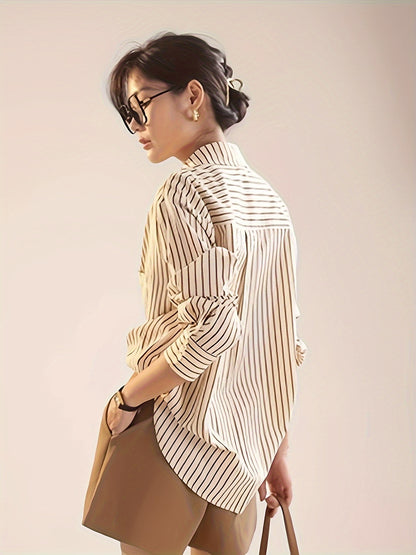 Elegant striped button-up shirt for women with a French-inspired design in beige and brown vertical stripes for spring/summer.