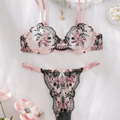 Sexy lingerie set with floral embroidery mesh and sheer fabric, including bra and thong underwear.