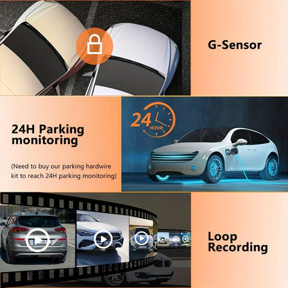 3-channel car dash cam with front, right, and left cameras, night vision, parking monitor.