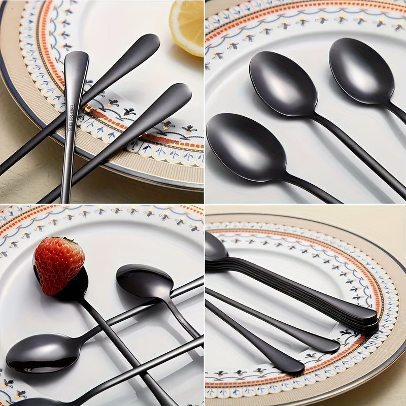 Set of 6 long-handled iced tea spoons, black stirring spoon, high-quality stainless steel coffee spoon, cocktail stirring spoon, long-handled teaspoon, mirror polished, dishwasher safe.