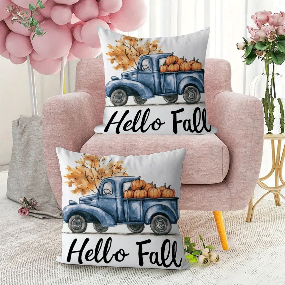 Set of 2 contemporary flannel pillow covers, measuring 45.72x45.72 cm each. These machine washable cushion cases feature a zippered closure and a charming fall pumpkin truck design. Perfect for all seasons, these pillowcases are ideal for back sleepers