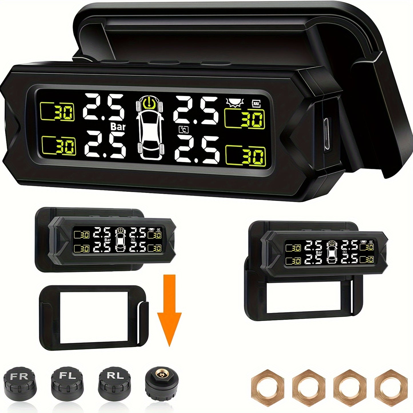 Wireless TPMS External Sensor Kit with Solar Powered Bracket for Vehicles - Tire Pressure Monitoring ABS Material