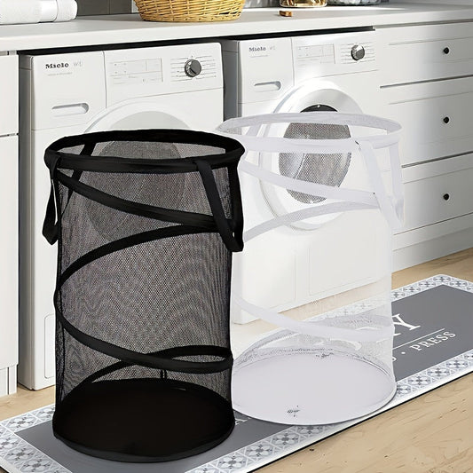 Large collapsible laundry hamper made of durable, breathable mesh - ideal for storing dirty clothes at home or on the go. Convenient utility hooks for organization. Lightweight and portable for easy transport.