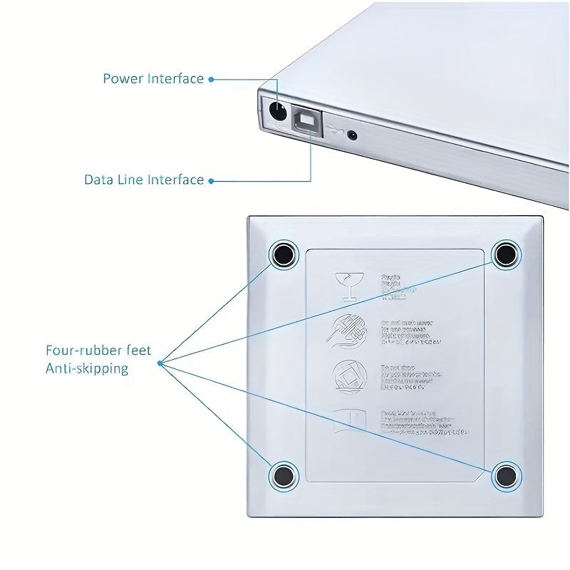 Portable external CD/DVD drive with USB 3.0 Type C for laptop, compatible with Windows, Linux, and MacOS.