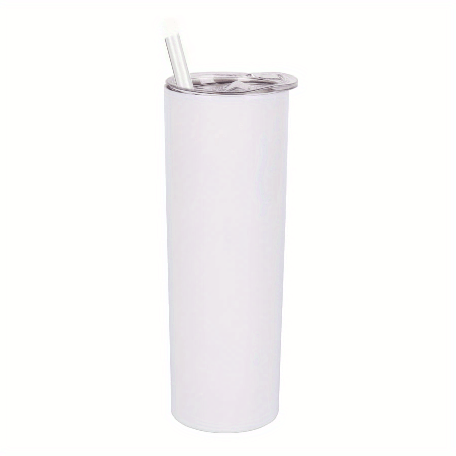 20oz skinny tumbler with stainless steel double wall and vacuum insulation, includes lid and straw.