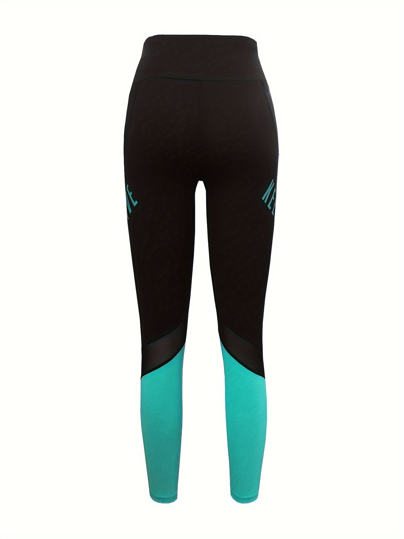 High waisted yoga leggings with pockets and color-block letter print for women's casual sports wear.