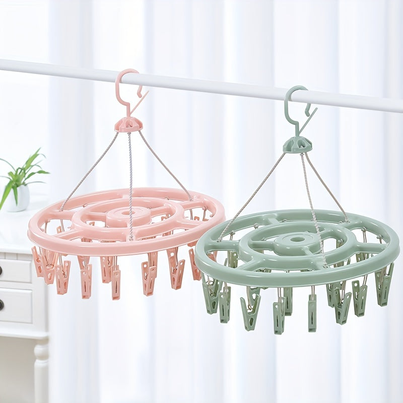 Get the 1pc12 Clip Round Drying Rack made of plastic. It can rotate 360 degrees, making it windproof. Hang your socks easily with this multifunctional rack that can also be used for infant and toddler clothes storage. The hook can also be used for