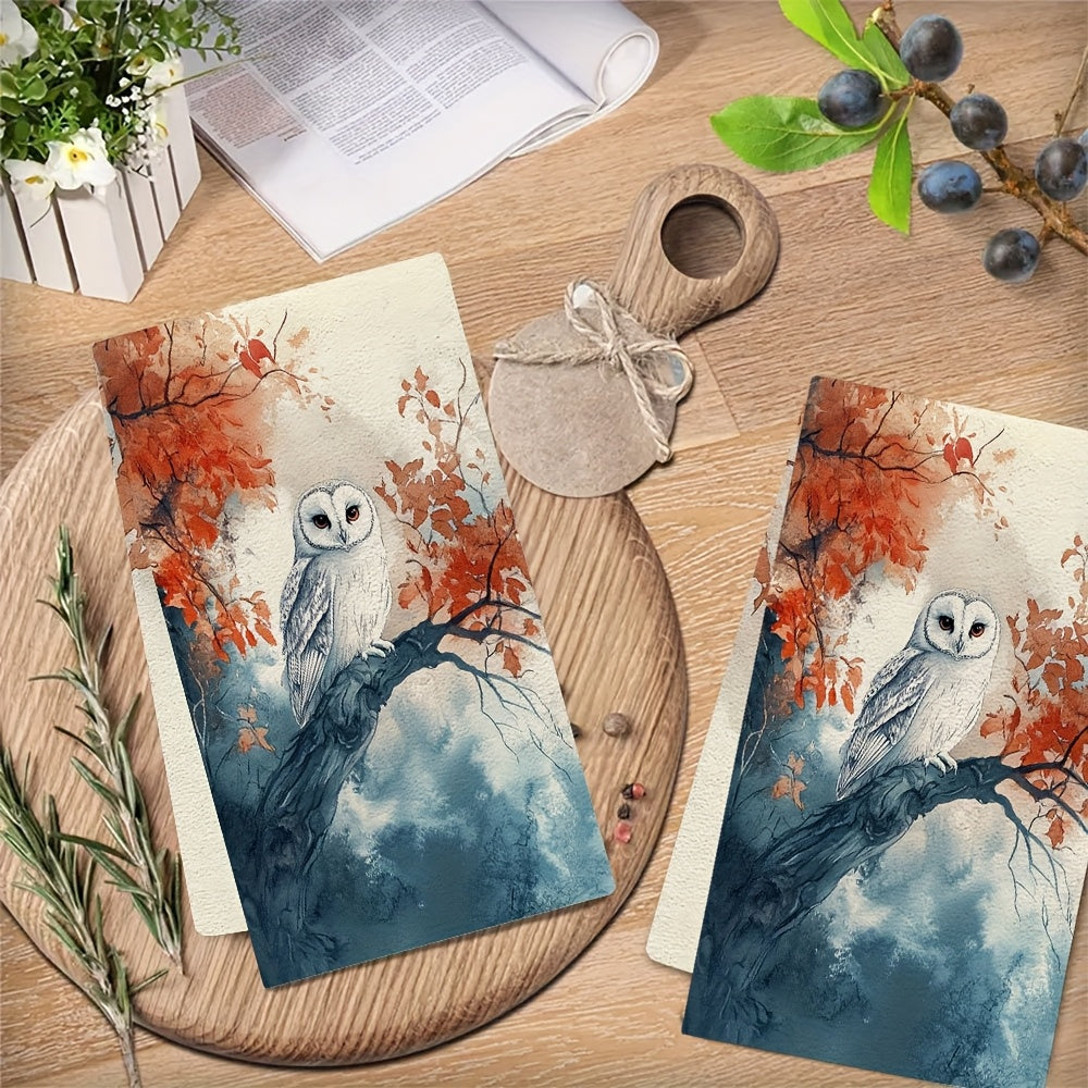 Two ultra soft kitchen towels featuring a serene owl and autumn scenery design. These highly absorbent and machine washable dish hand towels measure 40.64x60.96 cm. Perfect for holiday decor and daily use in the kitchen.