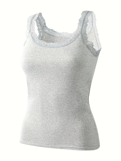 Three solid color lace trim tank tops in black, white, and gray. Versatile round neck design for all seasons. Basic fit and breathable for women's underwear.