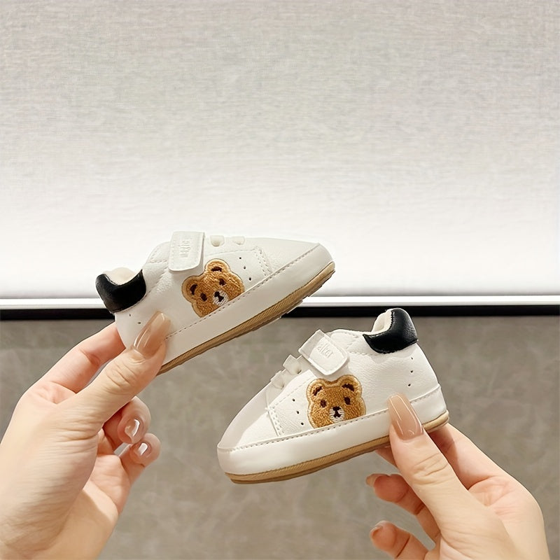 Cute bear sneakers for kids are non-slip and comfortable with easy hook-and-loop closure, ideal for all seasons.