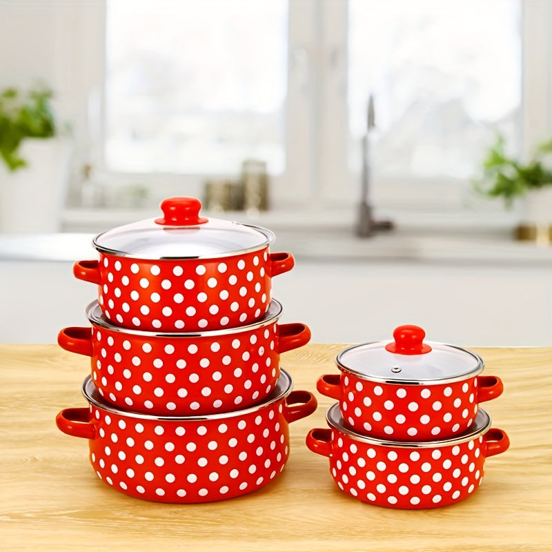 Stylish Red and White Enamel Cookware Set with Polka Dot Design - Ideal for Cooking and Dining Area