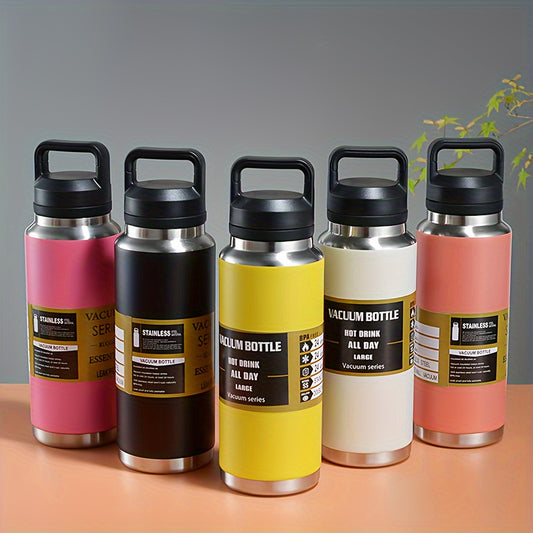 1100ml metal water bottle with portable handle, leak-proof, BPA free, and insulated for all activities. Hand wash only.