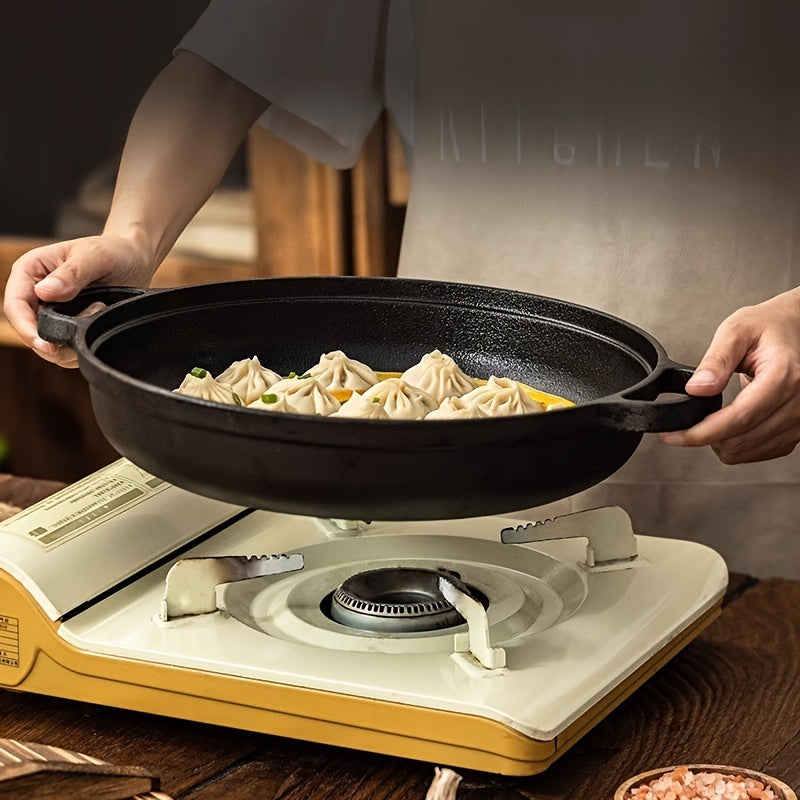 Cast Iron Double-Handled Skillet with Wooden Lid - Non-Stick Cooking Pan for Indoor & Outdoor Use, Thickened Iron Pot Compatible with Gas Stove & Induction Cooktop - Essential Kitchen Cookware