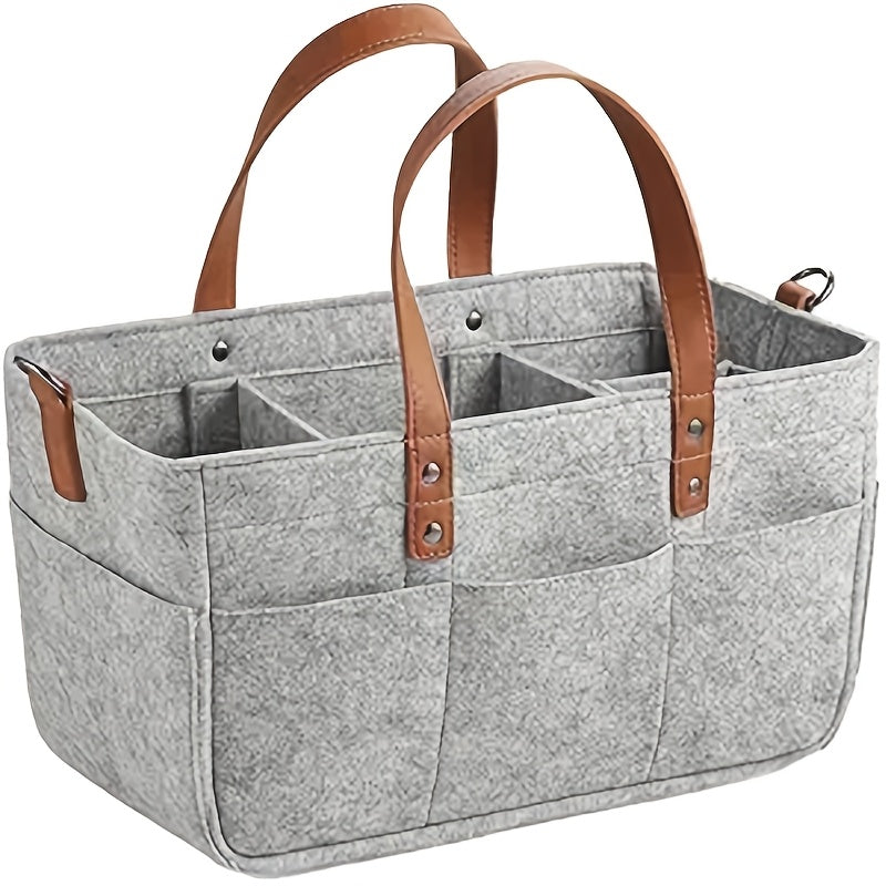 Portable and versatile Grey Patchwork Felt Diaper Caddy with convenient handles for organizing diapers. No electricity required with a sustainable wood-free design.