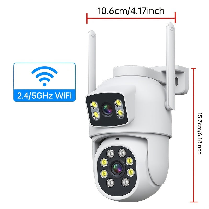 Two Smart Home Security Cameras with Dual Lens Offering 360° Pan & Tilt, Motion Detection, Two-Way Audio, Color Night Vision, Alarm Push, and IP65 Waterproof Rating. WiFi Compatible (2.4/5GHz) for Outdoor Surveillance.