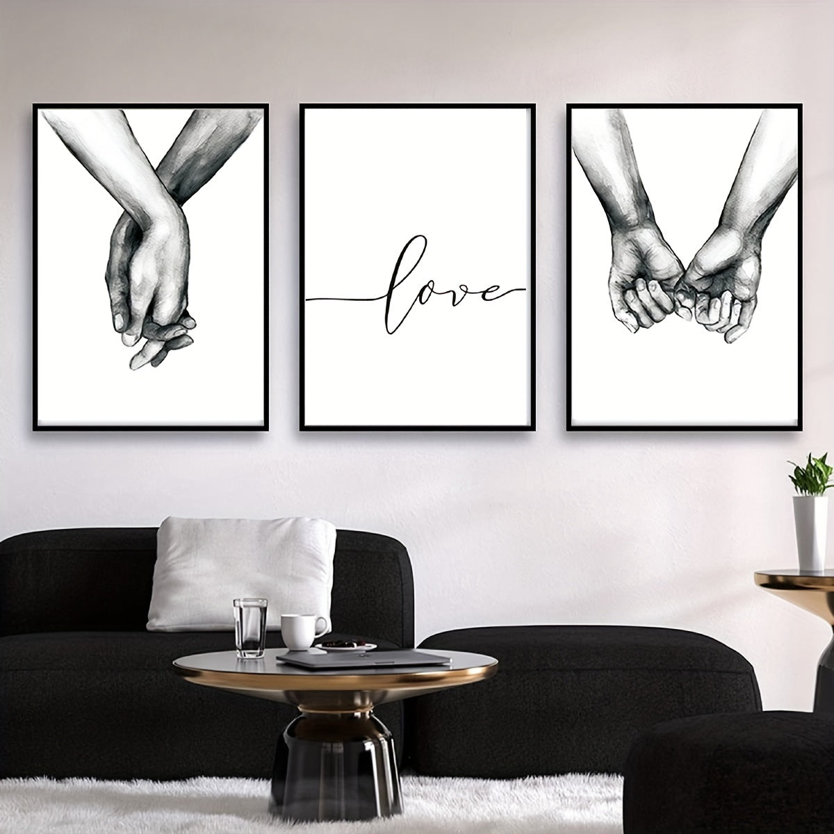 Black and white canvas paintings, 3 pieces, ideal for wall decor in any room, no frame included.